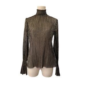 L’Agence Metallic Sheer Blouse Gold Shimmer w/Black Mock Neck - XS